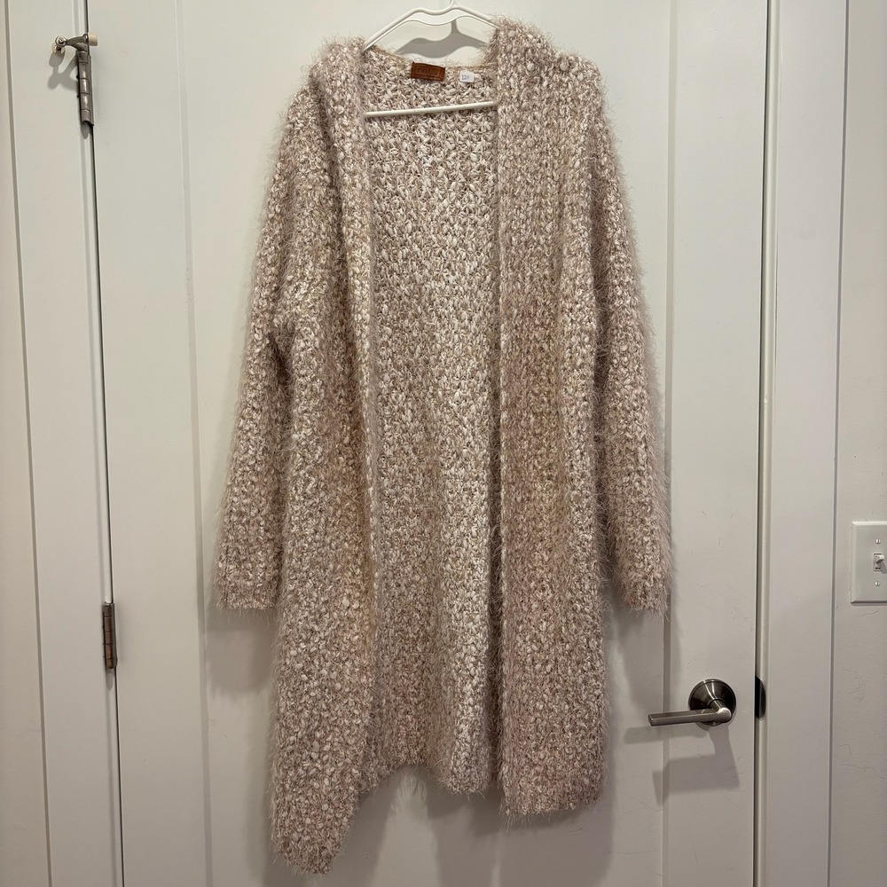 POL Beige White Popcorn Knit Long Hooded Cardigan Sweater Eyelash Fuzzy Duster